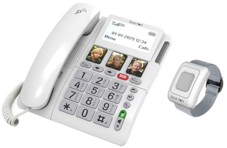 Telefono Fisso Sim GSM 4G da Tavolo x Anziani Bracciale SOS Pulsante Emergenza Telesoccorso, Volume Suoneria Extra Forte, Vivavoce, Tasti Grandi Parlanti, Display XXL, Compatibile Apparecchi Acustici