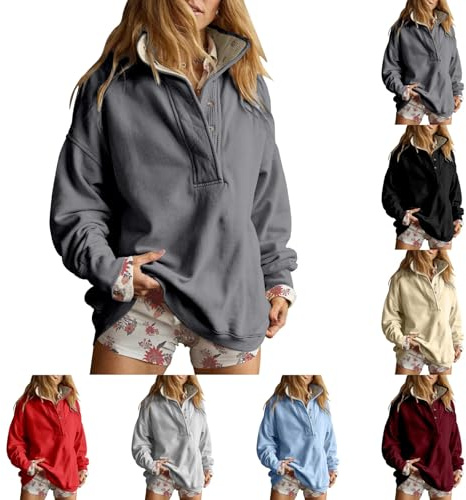 Cihdmfb Sudaderas sin capucha para mujer, manga larga, con botones a la mitad, elegantes, de un solo color, para deporte, con cuello alto, manga larga con lista de botones, sudadera holgada, camiseta