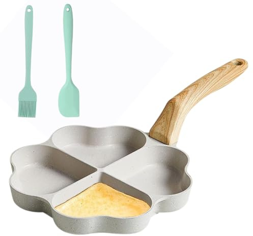 Umllpet 4-håls hjärtform äggpanna, stekpanna non-stick, pannkakspanna, non-stick omelettpanna med silikonspatel och borste för, frukost pannkaka panna för omelettkorv hamburgare (vit)