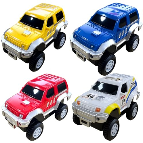 GZLCEU 4 Stück Strax Bahn Auto Set, Ersatz Auto für Strax Bahn für 3-5 Jahre Jungen Mädchen Magic Tracks Autos Autorennbahn Autos(Blau Rot Weiß Gelb)