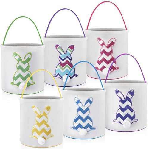 Honeydak 6 PCS Easter Eggs Hunt Basket for Kids Bunny Canvas Rabbit Tote Carry Bucket Bags(Color 3,Thick-lined Wavy Bunny)