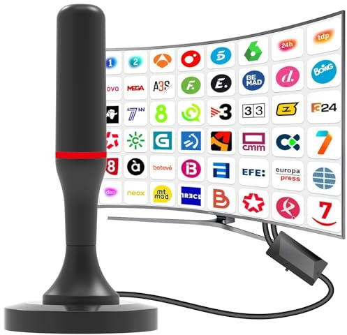 Antena TV Interior,Antena televisión Interior Potente 2026 con Base Magnética, 420 km de Largo Alcance y recepción remota de 360°,Compatible con Canales 4K/1080p/VHF/UHF DVB-T/T2 en Abierto