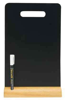 SECURIT - Lavagna da Tavolo con Manico - Per Pennarelli a Gesso Liquido - Per Caffè, Ristoranti, Bar, Negozi - Inserto Rimovibile - Base in Legno Laccato - 33,5x21x6cm - 1 Pennarello Bianco Incluso