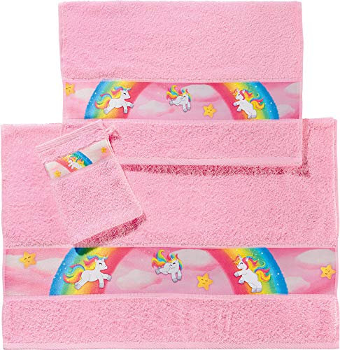 Erwin Müller Kinder-Frottierset 3-TLG. Einhorn, Unicorn - Handtuch, Badetuch, Waschhandschuh rosa Größe - weich, saugstark, 100% Baumwolle