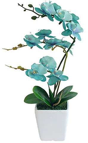 YSZL 15 Inches Tall Artificial Silk Phalaenopsis Orchid Flower Plant Pot Arrangements (Golden Blue)