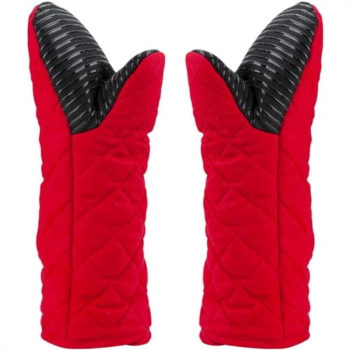 Guantes de Horno Dobles Largo,Guantes de Cocina Resistentes al Calor 500 ℉Antideslizante Manoplas de Horno Profesional Goma Algodón Suave Grueso Oven Gloves para Cocina Horneando Barbacoa 1 Par Rojo