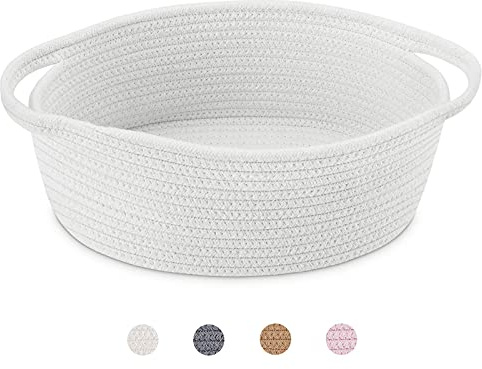ABenkle Small Basket with Handles, Boho Decorative Rope Woven Dog Cat Toy Storage Bin Shelf Storage Organizer, Easter Christmas Gift Basket, 12x8x5, White