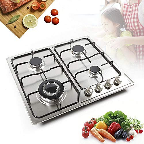 4 focos, cocina de gas, acero inoxidable, gas natural/butano, soporte de hierro fundido, cocina de gas, cocina de gas, cocina empotrada, plata, 550 x 470 mm