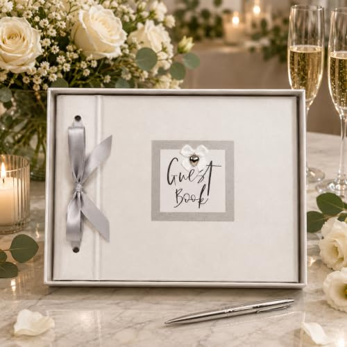Guest Book for Guests to Sign | Pearlised White Loose Leaf Wedding Guestbook with Satin Ribbon Tie & Luxury Presentation Box | Landscape Wedding Keepsake Book | 40 Premium Pages