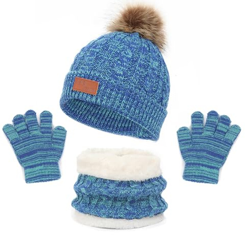 LINSOCLE 3 en 1 Bonnet Enfant Pour Fille Garcon, Ensemble Bonnet Echarpe Enfant, Tour de Cou avec Doublure, Hiver Accessoires Ensemble Set Pour 2 à 6 ans