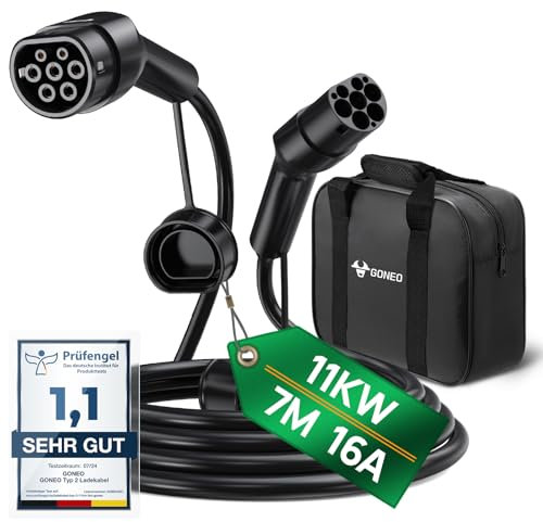 GONEO Typ 2 Ladekabel 11kW 7M 16A Ladekabel Elektroauto Typ 2 3 Phasig für E Auto EV/PHEV Typ 2 auf Typ 2 Mode 3 Ladekabel mit Tasche Geeignet für S/3/X/Y e-Golf ID.3 i3/i8