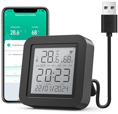 GHome Smart Termometro Higrometro WiFi，Digital Sensor Interior Inteligente Control con App soporta Alerta y Notificación para Hogar, Bodega，Invernadero Disponible en Casa Ambiente, Planta y Mascota
