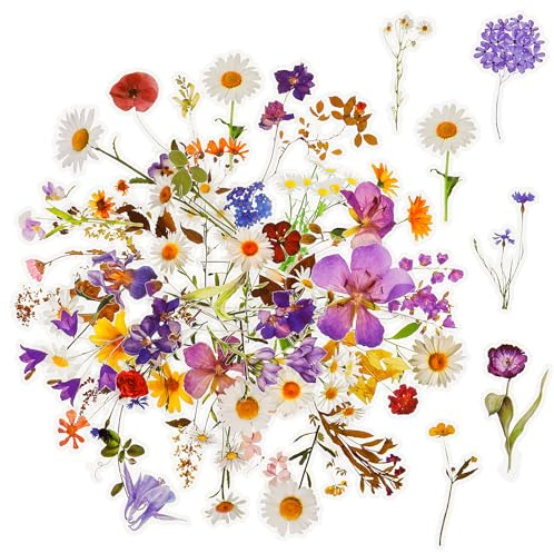 120 stycken blommor scrapbooking klistermärken, transparenta växter klistermärken, vintage färgglada blomklistermärken, PET vattentäta blomklistermärken för scrapbook fotoalbum dagböcker kort