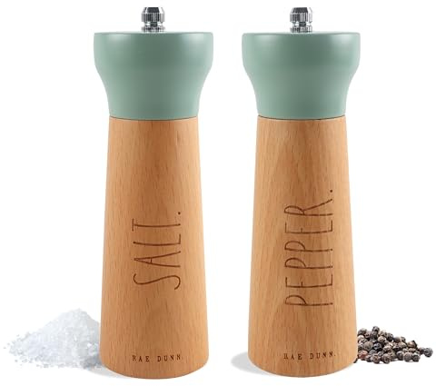 Rae Dunn Salt and Pepper Grinder Set of 2 - Bamboo Sea Salt Pepper Grinder - Classy Salt and Pepper Shakers - Pepper Mill & Salt Mill, Sage
