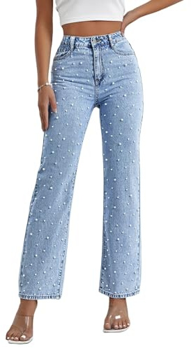 Kedera Women Pearls Beaded Flare Leg Jeans Loose Fit Casual Straight Jeans Long Pants Trousers