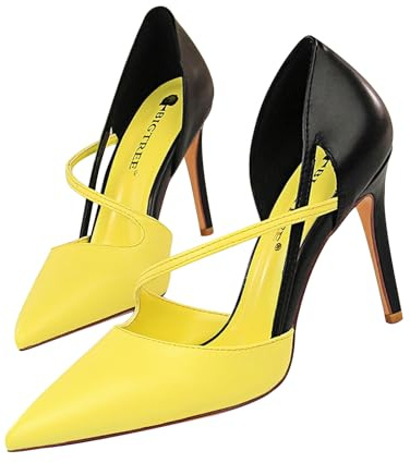 Sexy Tacco A Spillo A Punta Bicolore Cinturino alla Caviglia Décolleté Donna Comode 9.5cm da Matrimonio Ufficio Feste Sexy Scarpe (Giallo,39)
