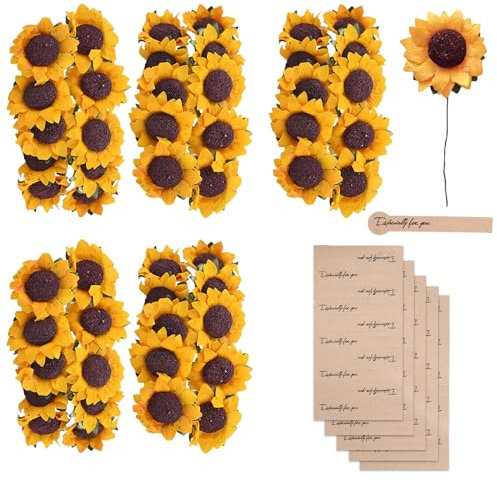 DHWEKU 50pz Girasoli Finti Piccoli con Stelo per Decorazione 50pz Etichette Adesive per Bomboniere Regalo Compleanno Matrimonio Festa Artigianato Fai da Te Decorazione di Cartoline
