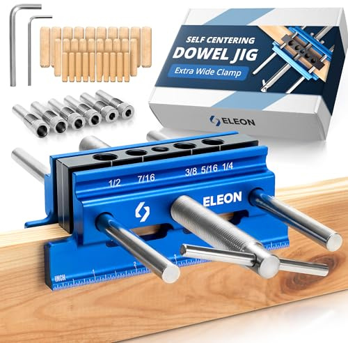 ELEON Self Centering Dowel Jig with Elongated Jaws & Extra Wide Clamp up to 6.7 - Precision Woodworking Made Effortless - Lasting Craftsmanship - Aluminum Alloy Drill with Guide & 6pcs Drill Bushings