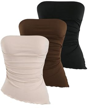 SOLY HUX Women's 3 Pack Strapless Top Going Out Tops Cute Tube Tops Y2k Bandeau Top Set Summer Black Brown Beige Small