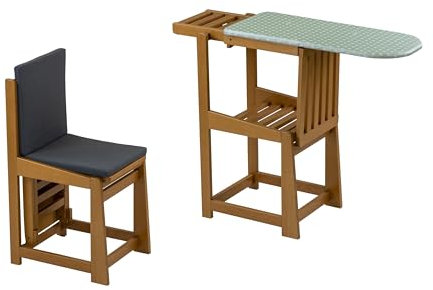 Asse da stiro - sedia SINFONIA, asse da stiro trasformabile con piano di lavoro 81 x 35 cm e portaferro, seduta 40x35 cm, cuscino con schienale incluso, Colore Ciliegio