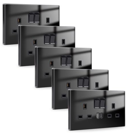 JIMEIDA 5 Pack Black Double Switched Socket 20W Fast Charging 13 Amp with USB A and USB C Charging Ports Crystal Glass Panel Wall Outlet,250V