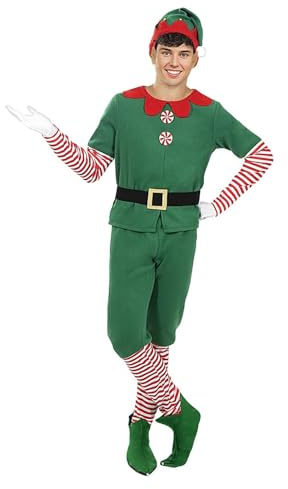 Funidelia Disfraz de elfo con accesorios para hombre, Navidad, Incluye camiseta, pantalón, cinturón, gorro, zapatos, orejas y guantes - Traje para adultos para fiestas, Carnaval y Halloween, Talla XXL