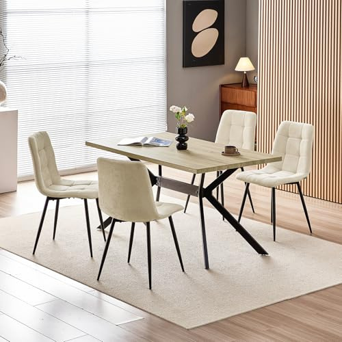 Wafting Matgrupp matbord med 4 stolar, 140 × 80 × 73 cm HDF matbord med ljus träfiber och vadderade beige matstolar med högt ryggstöd och linnedesign, för kök, matsal, vardagsrum
