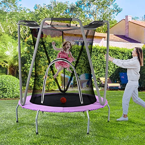 Merax Trampolin Set für Innen- und Außenbereich – Rundes GartenTrampolin, Kinder Trampolin mit Basketballkorb, Sicherheitsnetz, 50 kg Gewichtskapazität, Lila+Grau,157x147 cm