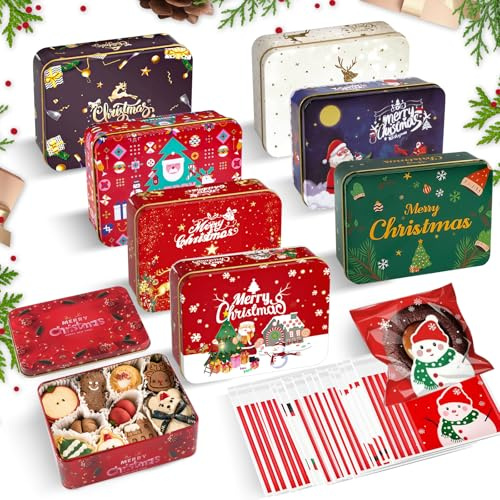 UBERMing 8 Piezas Cajas de Lata Navidad Latas para Galletas de Metal con 100 Bolsas de Galletas, Latas Navideñas para Dulces Chocolate Té café Tarjetas de Regalo