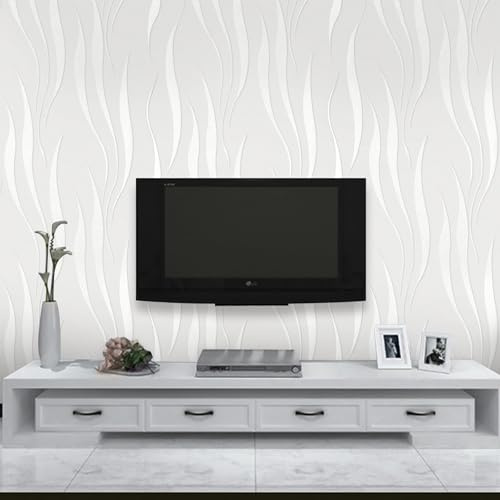 Trafagala White Embossed Wallpaper Non-Woven Wave Stripes Roll 3D Silver Glitter Wallpaper Feature Modern Geometric Patterned Taupe for Livingroom Bedroom Kitchen