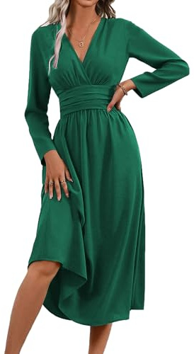 QUNERY Abito Donna Autunno/Estivo Manica Lunghe/Corta Vestiti Vita Alta A Line Abiti Scollo a V Elegante Vestito Estivi Lunghi Casual Abito Spiaggia B-Verde M