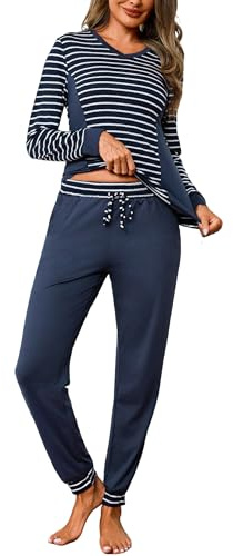 Crewhpo Pyjama Femme Hiver Col V Haut Rayé Manches Longues Style Sport | Tissu Doux et Chaud, Haut Rayé à Manches Longues, Pantalon Long Uni, Pour les Soirées Froides, Facile à Porter au Quotidien