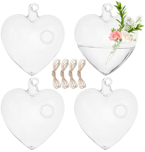 DELORIGIN 4 macetas colgantes de cristal para helecho de aire, jarrones hidropónicos colgantes con cuerda de yute, terrario, plantas, jarrón colgante para decoración navideña (corazón)