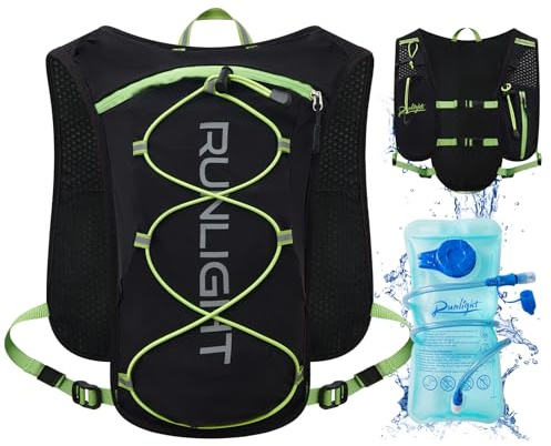Runlight Gilet de course pour homme et femme, sangles de poitrine réglables, gilet d'hydratation, avec bouteille d'eau de 1500 ml, noir vert, taille unique