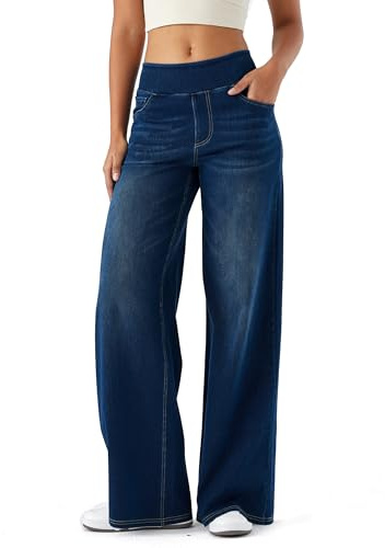 LaiEr Pantalon en Denim à Jambe Large pour Femmes,Taille Haute,Jambe Droite,Coupe Ample,Jeans décontractés très Extensibles pour Le Yoga,Le Fitness,Les Sports décontractés.Bleu Foncé Nostalgique,L