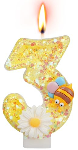 Alaoo 3 siffror födelsedagsljus med blomma och bi nummer, gult glitter kakljus, för flickor och pojkar, jubileumsdekoration | 3D fjäril födelsedagsljus, tårta topper dekoration tårtdekoration födelsedag, födelsedagsljus för födelsedagsdekoration