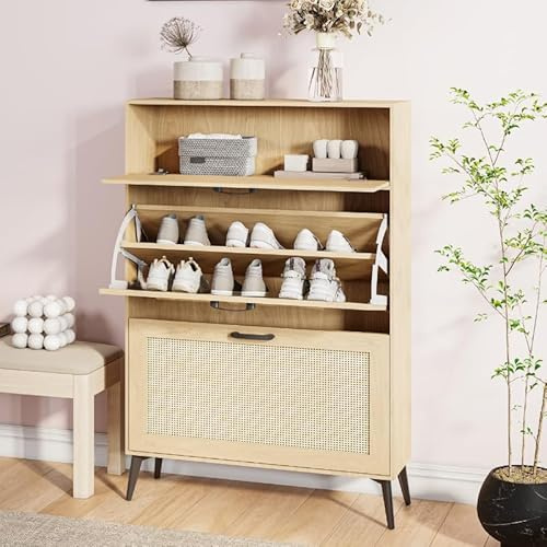 Lietre Commode à chaussures en rotin à 3 portes rabattables - Meuble à chaussures étroit - 80 x 24 x 114 cm - Rangement à chaussures en bois pour entrée, salon, couloir - Couleur bois clair