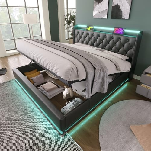FURNLUX Queen Size Upholstered Bed, 360 Surround LED Function, Buttons/Apps/Remote Control, Hydraulic Storage Bed with USB Type-C Charging, Black,PU (Without Mattress)