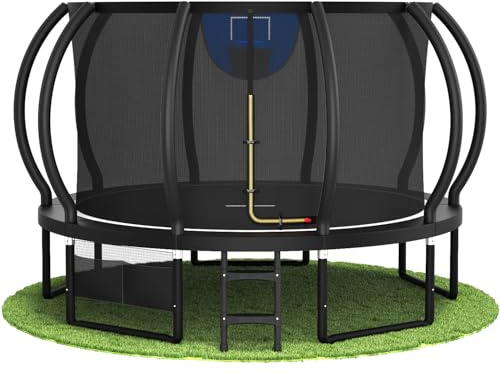 Devoko Trampoline Extérieur avec Panier de Basket Ø 228/305/366/427 cm, pour Enfants, avec Filet de Sécurité, Couverture de Protection, Design Citrouille, Capacité de Charge 150 kg