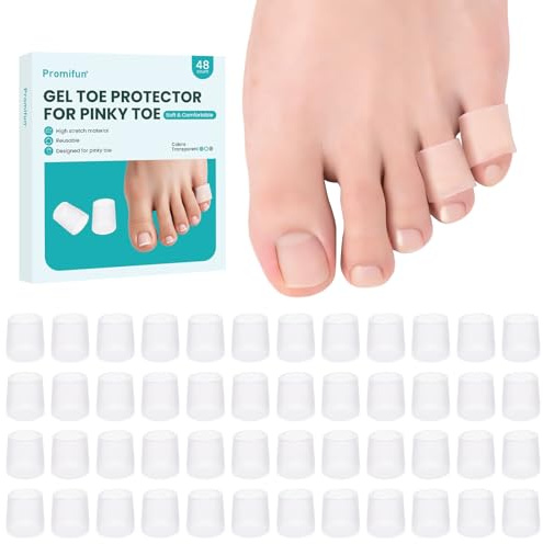 Promifun 48 Pack Pinky Toe Protector Toe Spacers Toe Separators – Silicone Toe Sleeves for Corns, Blisters, Nail Loss, and Hammer Toes – Soft Gel Toe Covers for Pain Relief and Friction Protection