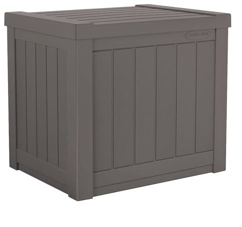 Suncast 22-Gallon Small Deck Box - Lightweight Resin Indoor/Outdoor Storage Container and Seat for Patio Cushions and Gardening Tools - Store Items on Patio, Garage, Yard - Stone Gray, Made in the USA