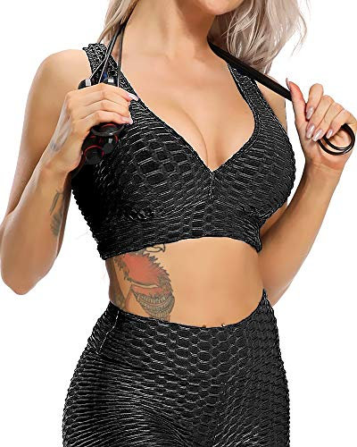 RIOJOY Honeycomb Texture Sports Bra Light Impact Support for Women Padded Yoga Bra Top