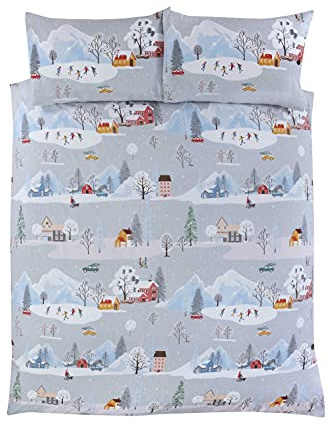 Rapport Home Winter Town Christmas Duvet Cover Set Festive Single Bedding Set, Multi, Grey