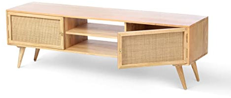 Desser Manhattan TV Unit Rattan & Mango Wood with Storage – Wide 2 Door Freestanding TV Stand with 4 Shelves – Wicker Cane Webbing & Mango Wood in Natural - H50cm x W160cm x D40cm