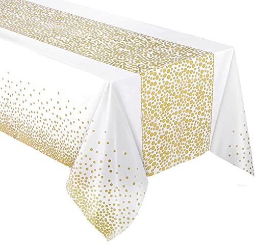 White Gold Dots Polka Plastic Tablecloth Cover 9x4.5ft (137x274cm) Rectangle Table Cloth Oilcloth Waterproof Stain-Resistant Xmas Birthday Wedding New Year Home Garden Party Table Decoration Supply