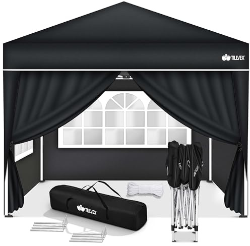 tillvex Pavillon 3x3m wasserdicht mit 4 Seitenteilen + 4er Set Sandsäcke | Pop-Up Faltpavillon stabil & höhenverstellbar | Gartenzelt UV Schutz 50+ | Partyzelt mit Tasche für Garten (Schwarz)