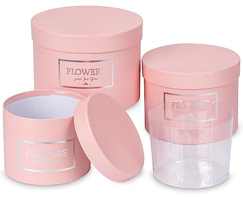 3er Set Runde Geschenkbox Blumenbox mit Folie Aufbewahrungsbox mit Deckel Pappschachteln Karton Geschenkkarton Schmuckschachtel Verpackung für Blumen, Rosa Ø15/17/20cm