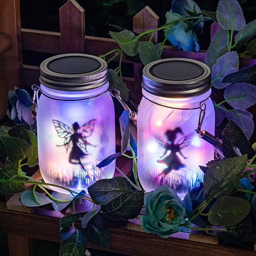 2 Pack Solar Jar Lights, Fairy Lantern Lights Hanging Decorative Lamp for Garden, Table, Yard, Patio, Lawn (Multicolored)