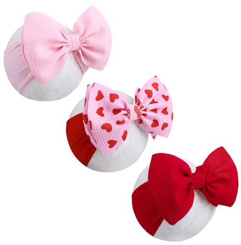 ONENINEDREAM 6'' Large Valentines Bow Baby Headbands Handmade Hairbands with Bows High Stretchy Soft Nylon Headbands Baby Hair Accessories for Infant Baby Girls Red Light Pink Heart