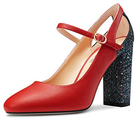 HEUIVZAR Womens High Chunky Block Heel Round Toe Pumps Court Shoe Mary Jane Patchwork Wedding Glitter 10 CM Heels Red 4.5 UK